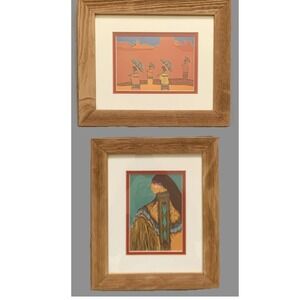 Set of 2 Native American Desert Tone Art Prints, Matted/Driftwood Framed 11x13"